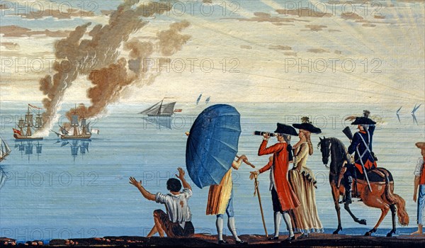 Baseggio, Caprice. Vue d'une marina près de Livourne, avec deux navires en feu (détail)