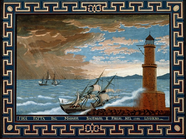 Baseggio, Caprice. Phare de Livourne avec bateaux et mer agitée