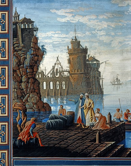 Baseggio, Paysage marin avec forteresse en construction et marchands orientaux (détail)