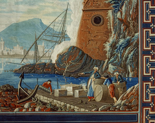 Baseggio, Paysage marin avec port et calfeutreurs au travail (détail)