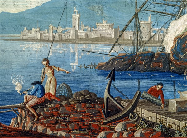 Baseggio, Paysage marin avec port et calfeutreurs au travail (détail)