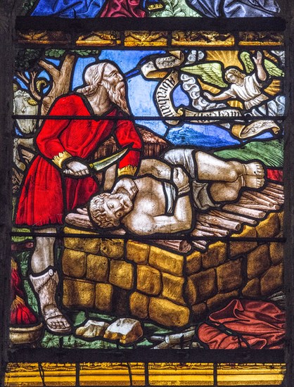 Vitrail de la Genèse : le sacrifice d'Isaac, l'ange de Dieu arrête la main d'Abraham