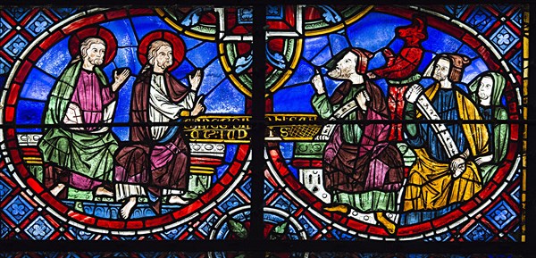 Les saints Simon et Jude face aux sorciers Zoroes et Arphatax (vitrail de Chartres)