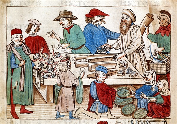 Von Richental, Scène de marché, vendeurs de poissons, escargots et fruits de mer