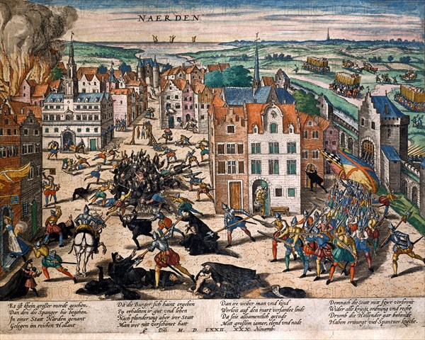 Hogenberg, Fernando Alvarez de Tolède ordonne les massacres et pillages dans la ville de Haarden le 30 novembre 1572