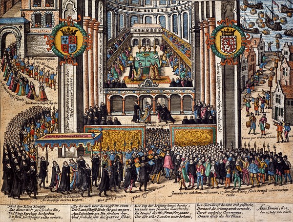 Hogenberg, Couronnement de Jacques 1er d'Angleterre à l'abbaye de Westminster le 25 juillet 1603