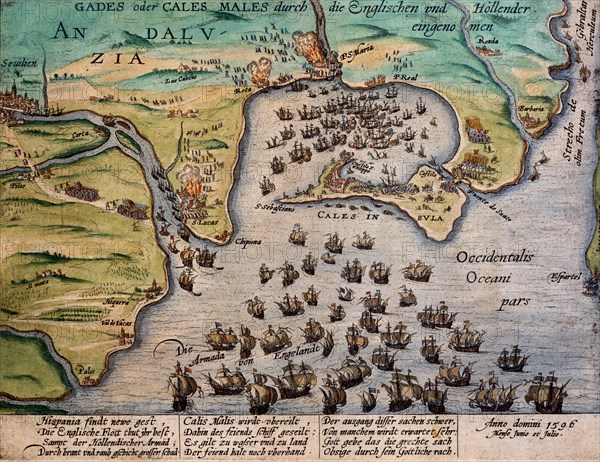 Hogenberg, Le siège de Cadix par les Anglais et les Hollandais, en juin et juillet 1596