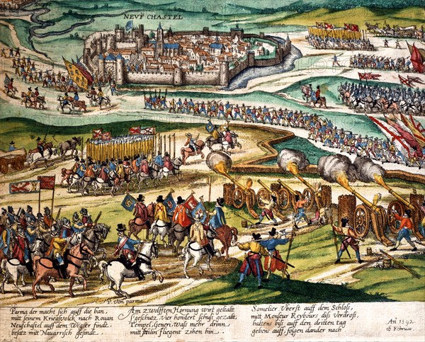 Hogenberg, L'armée du duc de Parme, s'empare de Neufchastel près Rouen, 16 février 1592