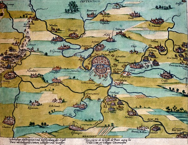 Hogenberg, La ville de Paris et les villages voisins à la fin du 16e siècle