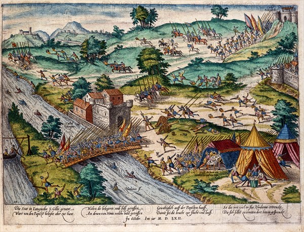 Hogenberg, Fuite et défaite des papistes à Saint-Gilles en Languedoc en octobre 1562