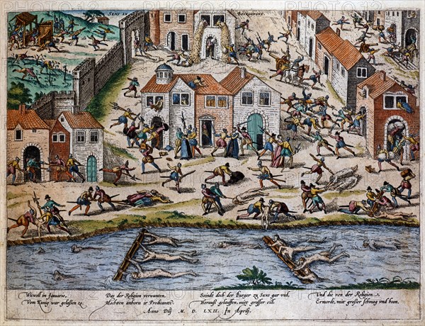 Hogenberg, Les catholiques massacrent les huguenots à Sens, 1562