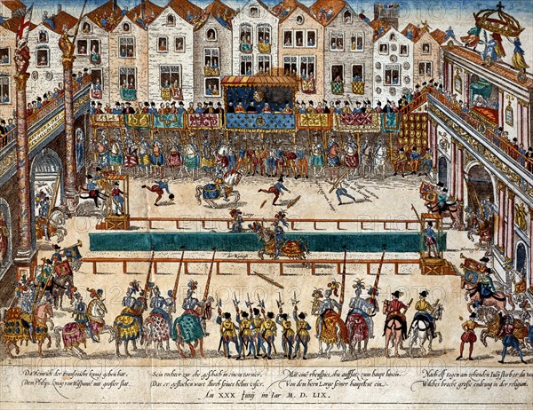 Hogenberg, Tournoi en l'honneur du mariage de Philippe II d'Espagne et d'Elisabeth fille du roi de France, 30 juin 1559