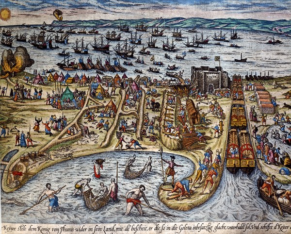Hogenberg, L'armée espagnole conquiert la forteresse de La Goulette près de Tunis, en 1535