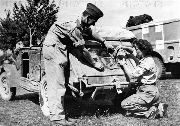 Un ambulancier français décore une "Volkswaggon" en France. (Août 1944)