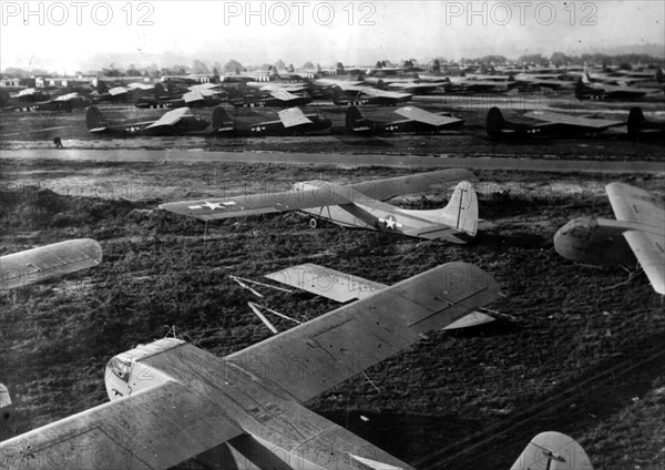 Gliders of the 1st Allied Airborne Army are massed on a field in England (September 1944)