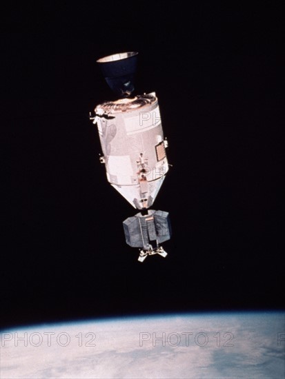 Apollo spacecraft as seen in Earth orbit from Soyouz spacecraft (July 1975)