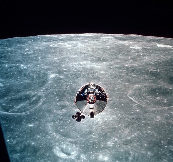 Apollo 10 in lunar orbit, command ship viewed from LEM (May 22, 1969)