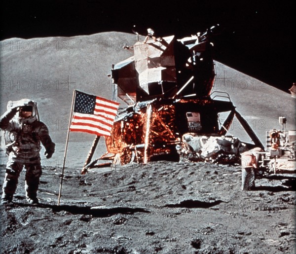 Apollo XV. Astronaut James Irwin, L.E.M., Rover on Moon. July 31, 1971