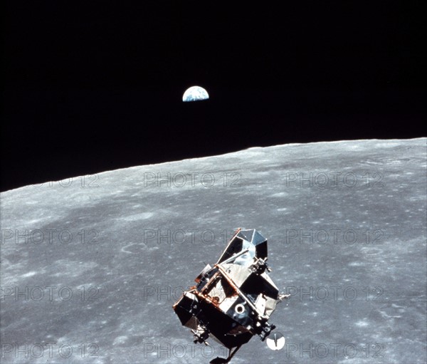 LEM, Moon and Earth from C.S.M Apollo XI in Moon orbit (July 20, 1969)