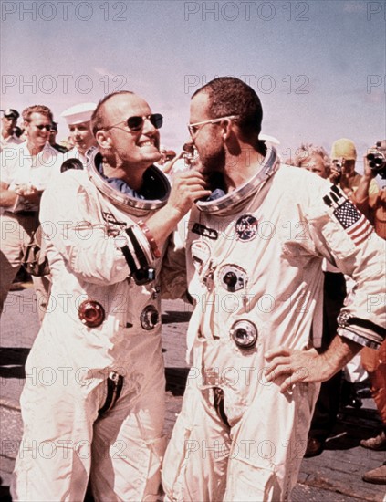 Gemini astronauts Charles Conrad and Gordon Cooper on USS Lake Camplain (August 28, 1964)