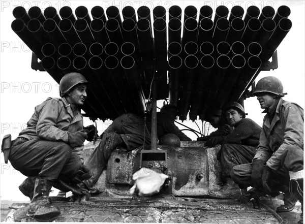 A closeup of the 60 4.5 rocket tubes on a turret of a U.S. Sherman tank (February 8, 1945)