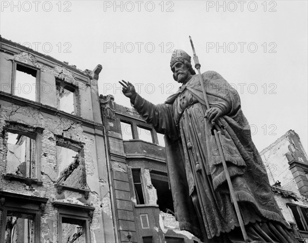 Symbol of peace in midst of devastated Wurzburg (Germany)  April 5, 1945