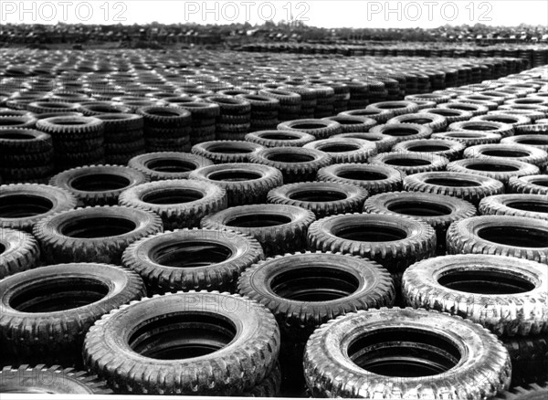 U.S. Army tires await repair in France, 1944