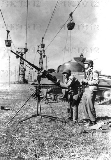 American soldiers set up anti-aircraft gun on the Moselle river, September 1944