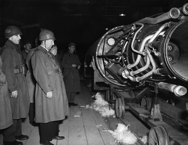 American congressmen inspect a V-2 bomb assembly line in Nordhausen, May 1, 1945