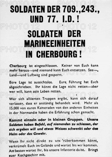 Tract lancé par l'aviation alliée aux troupes allemandes à Cherbourg (juin 1944)
