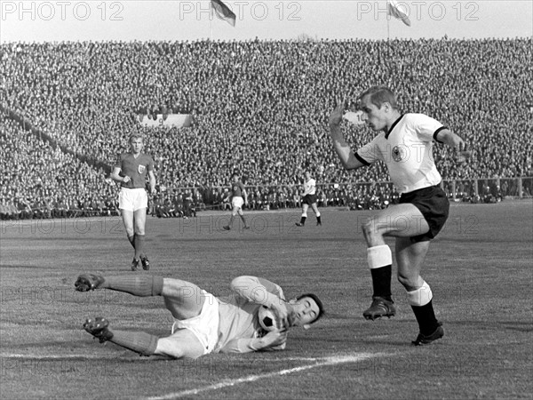 Der englische Torhüter Gordon Banks (unten) fängt den Ball im Liegen vor dem deutschen Stürmer Heinz Hornig (r). Banks Vordermann Bobby Moore (l, hinten) schaut zu. Die deutsche Fußballnationalmannschaft verliert am 12.05.1965 vor 65.000 Zuschauern in Nürnberg das Länderspiel gegen England mit 0:1. +++(c) dpa - Report+++