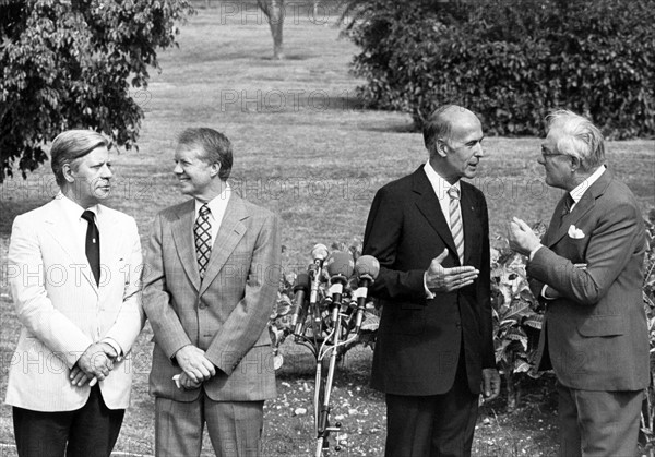 Helmut Schmidt, Jimmy Carter, Valery Giscard d'Estaing and James Callaghan during the Guadeloupe summit meeting