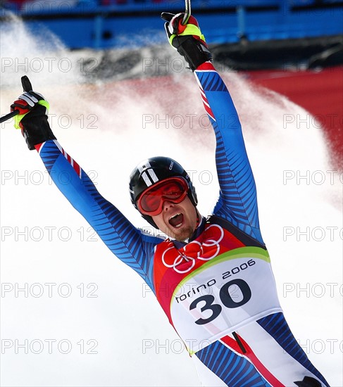 Olympia
20. Olympische Winterspiele 2006 Turin
Abfahrt Herren 12.02.2006
Antoine Deneriaz (FRA) jubelt ueber seinen Sieg
FOTO : Pressefoto Ulmer/Andreas Schaad