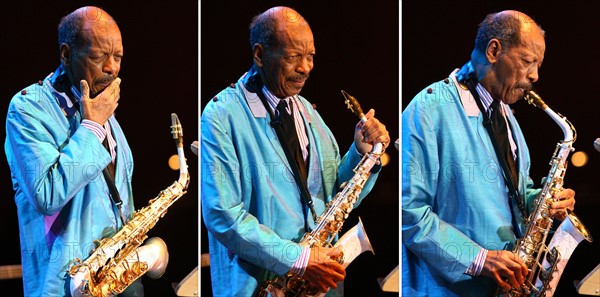 Die Kombo zeigt den Saxophonisten Ornette Coleman am Mittwoch (14.02.2007) bei seinem Auftritt in der Philharmonie in Essen. Es ist das einzige Deutschland-Konzert seiner Tournee. Am vergangenen Sonntag (11.02.2007) hatte Coleman einen Grammy-Award für sein Lebenswerk erhalten. Foto: Fredrik von Erichsen dpa/lnw +++(c) dpa - Report+++