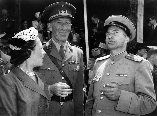 Russian and Belgian officer during parade of French troops on Bastille Day in Koblenz