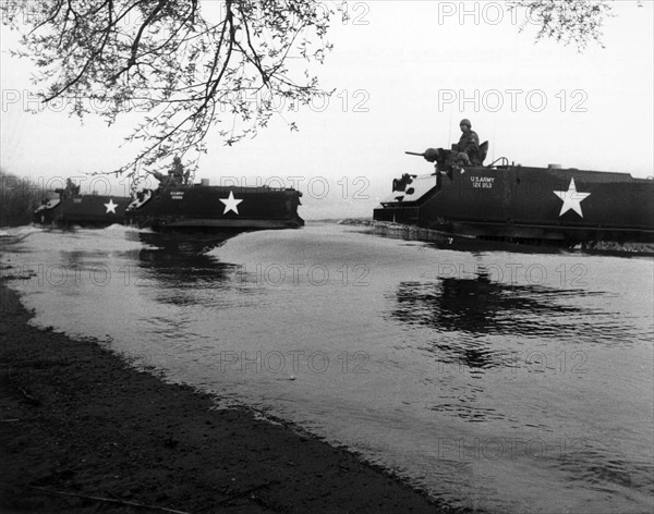 Amphibious crafts on mission at maneuver of the US Army in Berlin Grunewald