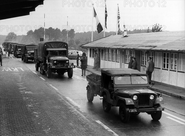 US troop transport passes Allied check point Dreilinden