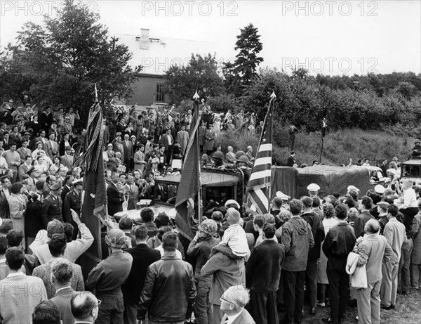 Willy Brandt and US vice president Johnson at military parade of US army through West Berlin in 1961