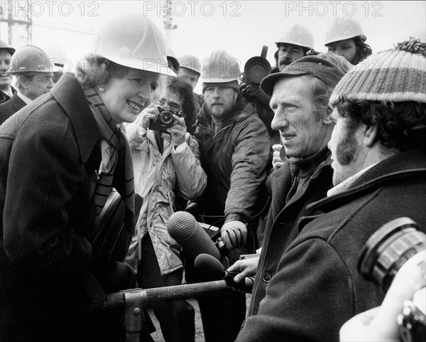 Prime Minister Margaret Thatcher at construction sight