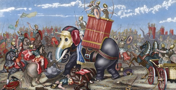 Second Punic War. The Battle of Zama (202 B.C.). Colored engraving.