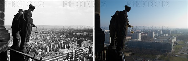 The composite picture shows two birds eye views of the destroyed city centre of Dresden (unspecified date) between 1945 and 1950 (L) by photographer Richard Peter and the rebuilt city centre of Dresden, Germany on 12 February 2015 by photographer Arno Burgi. Allied air raids on 13 ebruary and 14 February 1945 caused vast destructions and left large parts of the city of Dresden in ruins. Photo: Deutsche Fotothek/Richard Peter und Arno Burgi/dpa | Verwendung weltweit