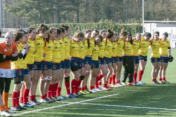 03 March 2018, Belgium, Brussels: Women's Rugby Union, Final of the Rugby Europe XV Championship 2018, Spain vs Netherlands. The Spanish team at the presentation ceremony.

-NO WIRE SERVICE- Photo: Jürgen Keßler/dpa | Verwendung weltweit