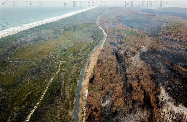 Aerial photo taken on Nov. 11, 2019 shows burnt bushes near Port Macquarie, New South Wales, Australia