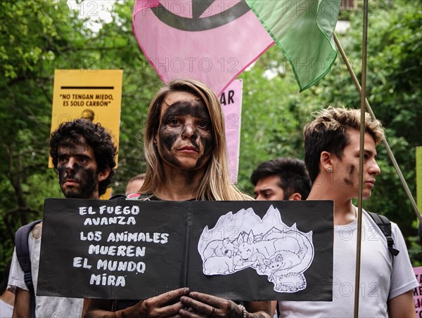Argentina, Buenos Aires: A demonstrator who has symbolically painted a kangaroo running away from the fire on her face is taking part in a protest against climate policy in front of the Australian Embassy in Buenos Aires