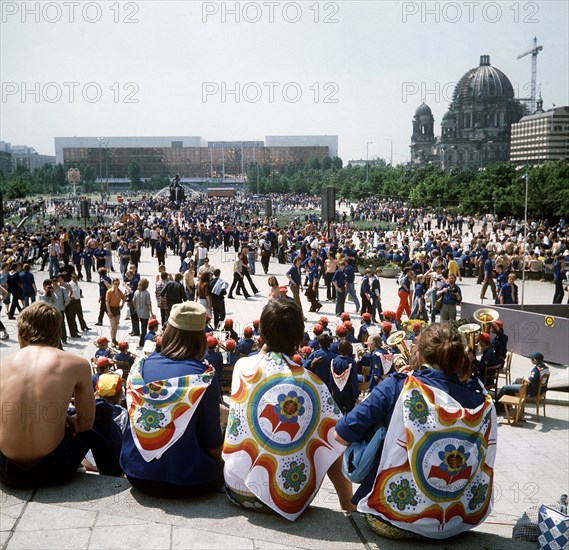 View over Alexander square during the 'National Festival of GDR Youth' in East Berlin, GDR, Pentecost 1979.