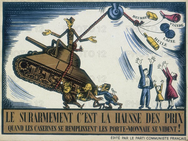 DE GAULLE, Charles (1890-1970) French General and first President of The Fifth Republic. De Gaulle as depicted in a 1950 anti-government cartoon by Micou issued by Le Parti Communiste Francais attacking the cost of armaments and the Atlantic Pact