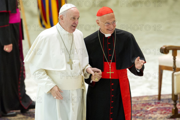 Pope Francis with Cardinal Angelo Bagnasco during the audience to the boy scouts participants at the Euromoot 2019, Paul VI Room, Vatican City, ITALY-03-08-2019 Journalistic use only