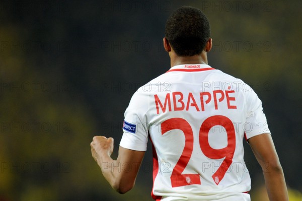 firo : 12.04.2017 Fußball, Saison 2016/2017, Champions League, BVB, Borussia Dortmund - AS Monaco, Viertelfinal-Hinspiel Torjubel, Jubel, Freude, Kylian MBAPPE, AS Monaco, Gestik, Mimik, Lachen, Freude,