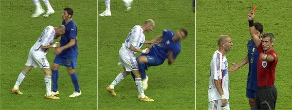epa01094126 (FILES) This file combo of TV grabs shows the foul of Zinedine Zidane of France to Italy's Marco Materazzi and the red card shown to Zidane by referee Horacio Elizondo of Argentina during the final of the 2006 FIFA World Cup between Italy and France at the Olympic Stadium in Berlin, Germany, Italy's World Cup winning defender Marco Materazzi revealed 18 August 2007, that he had told French icon Zinedine Zidane during last year's final that he preferred his 'whore of a sister' to his shirt. It was this comment that led to Zidane headbutting Materazzi in the chest and being dramatically sent off. That incident preceded France losing the final in a penalty shoot-out. EPA/A9999 DB WDR +++ Mobile Services OUT +++ Please refer to FIFA's Terms and Conditions. *** Local Caption *** 00000400777051