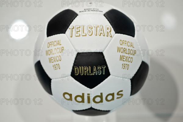 The 'Telstar' soccer ball which was the official ball of the 1970 soccer world cup in Mexico is pictured during the general meeting of sporting goods manufacturer adidas in Fuerth, Germany, 08 May 2014. Photo: DANIEL KARMANN/dpa